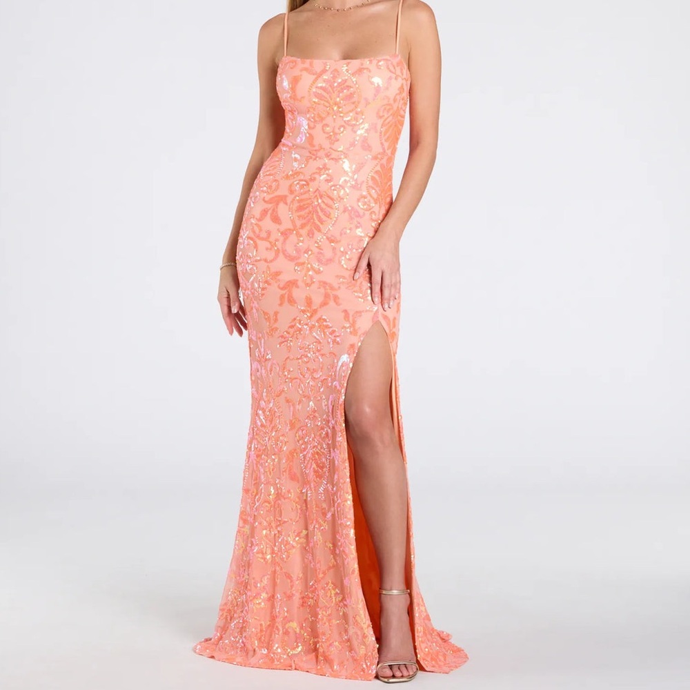 Elegant Peach Orange Evening Gown Sequins Sequined NWT Formal Prom Dress Small